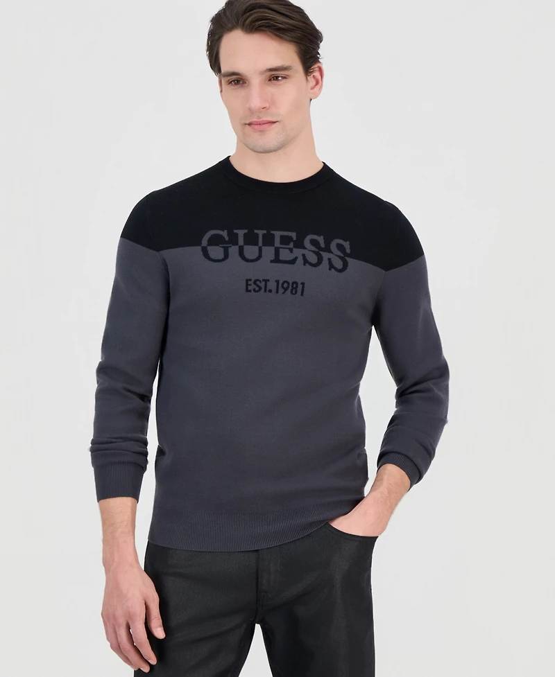 Guess Men's Kantu Two-Tone Crewneck Logo Sweater