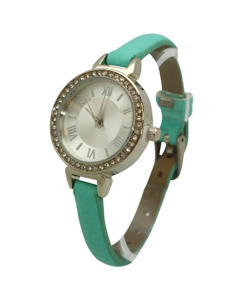Mint Rhinestone Skinny Leather Strap Watch