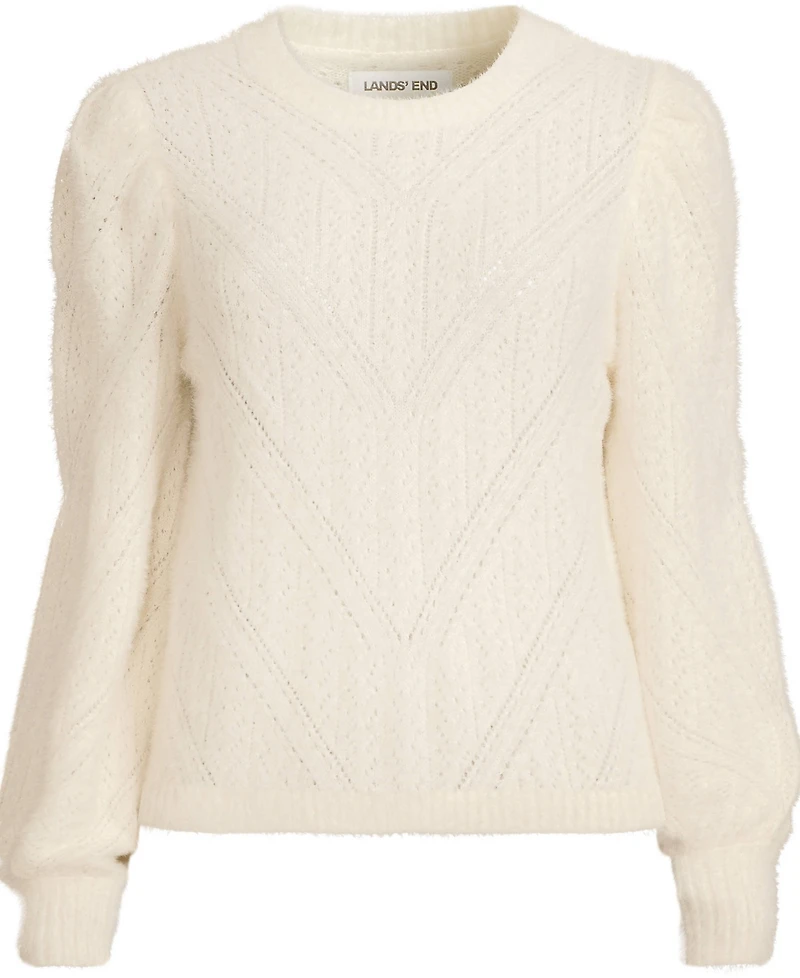 Lands' End Women's Eyelash Fuzzy Pointelle Puff Sleeve Sweater