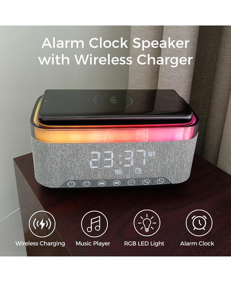 Alpha Digital 10W Bluetooth Stereo Speaker-Alarm Clock, Wireless Charging, Rgb light