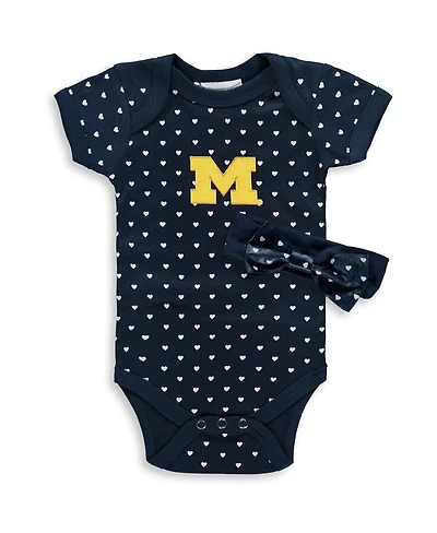 Two Feet Ahead Baby Girls Navy Michigan Wolverines Hearts Bodysuit and Headband Set