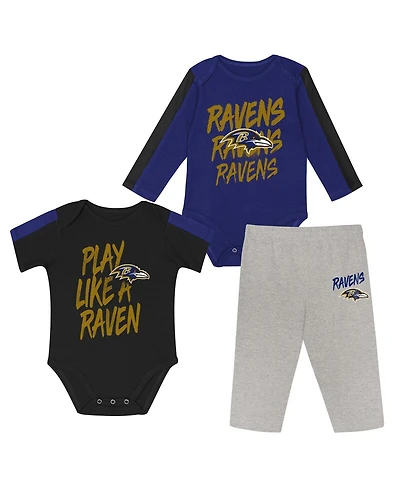 Outerstuff Baby Boys and Girls 3-Piece Baltimore Ravens Double Down Bodysuits and Pants Set