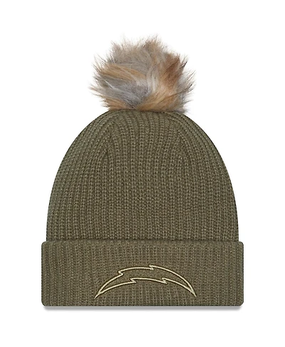 New Era Women's Dark Green Los Angeles Chargers 2025 Salute to Service Cuffed Pom with Knit Hat