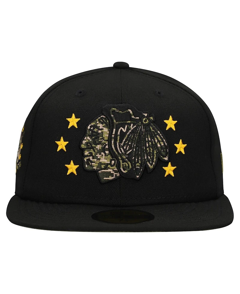 New Era Men's Black Chicago Blackhawks Military Appreciation Digital Camo Stars 59FIFTY Fitted Hat