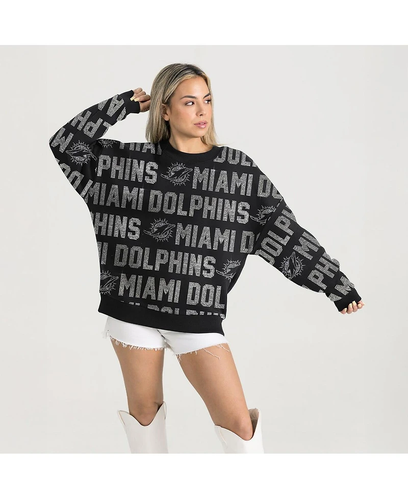 Gameday Couture Women's Black Miami Dolphins Relaxed Drop Shoulder Hype Era Rhinestone Text Sweatshirt