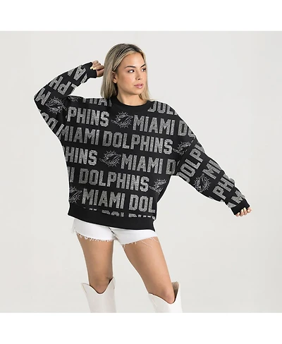 Gameday Couture Women's Black Miami Dolphins Relaxed Drop Shoulder Hype Era Rhinestone Text Sweatshirt
