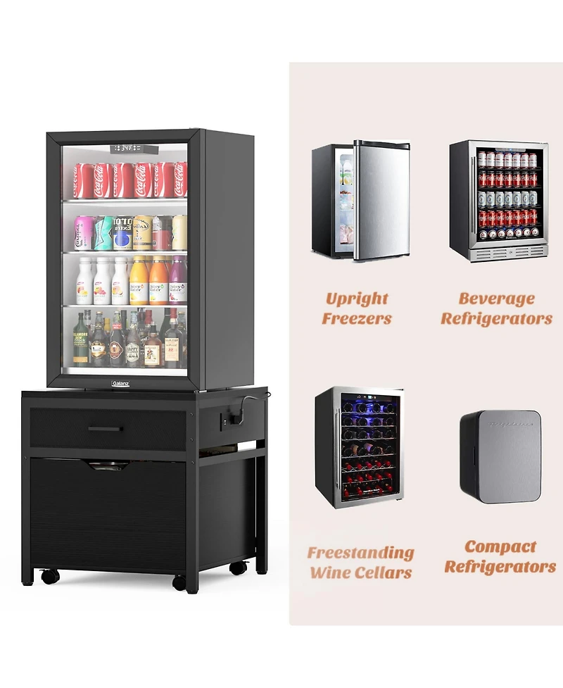 Aheaplus End Table with Charge Station, Mini Fridge Strand Storage Drawers and Rolling Cabinet