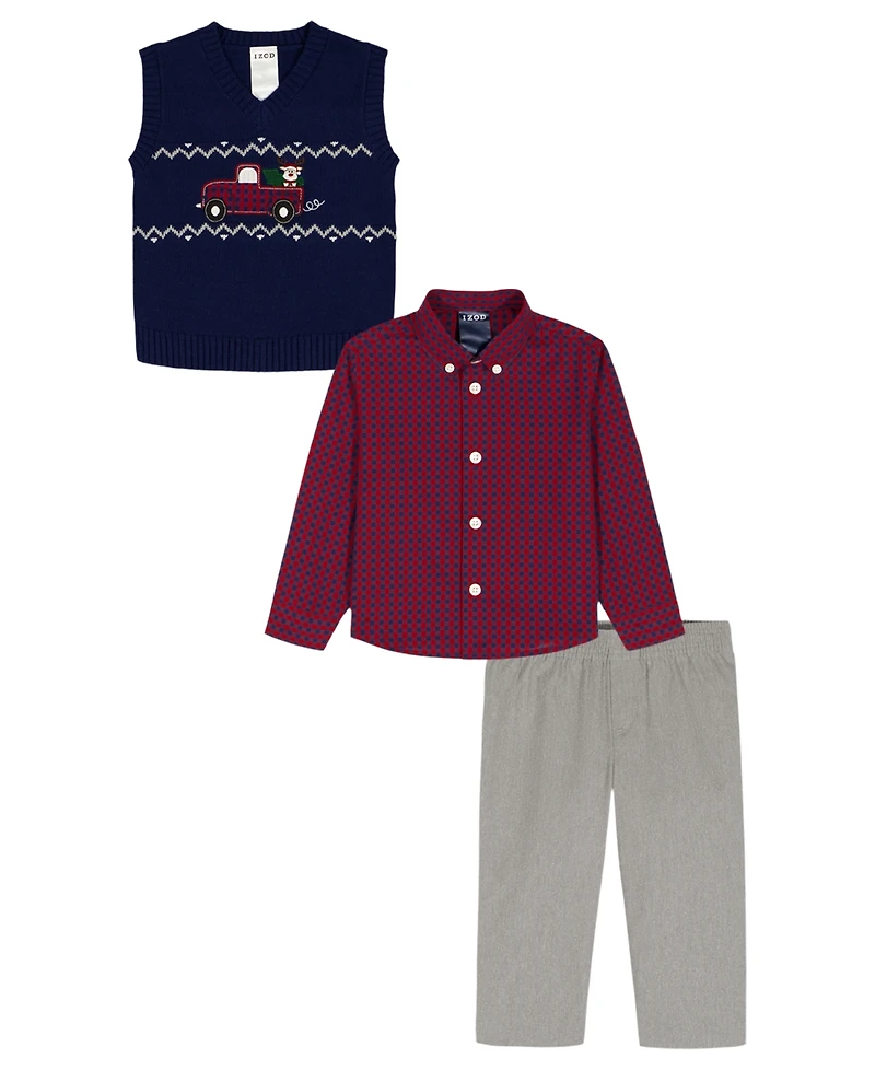 Izod Baby Boys 3-Piece Fairisle Truck Sweater Vest, Shirt and Pants Set