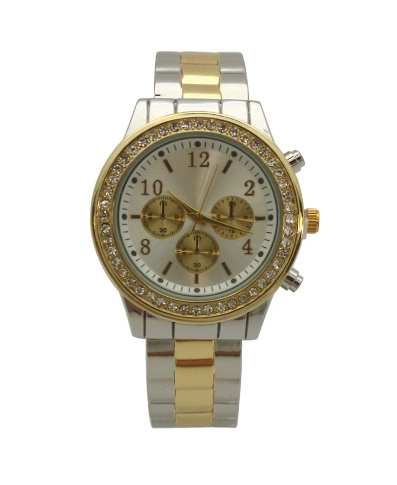 Two Tone Rhinestone Bezel Chronograph Bangle Watch