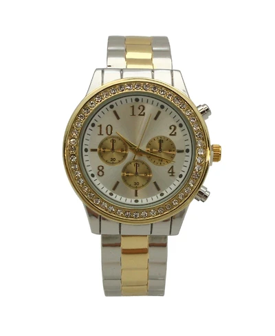 Two Tone Rhinestone Bezel Chronograph Bangle Watch