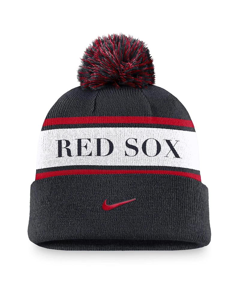 Nike Men's Navy Boston Red Sox Team Stripe Peak Cuffed Knit with Pom Hat