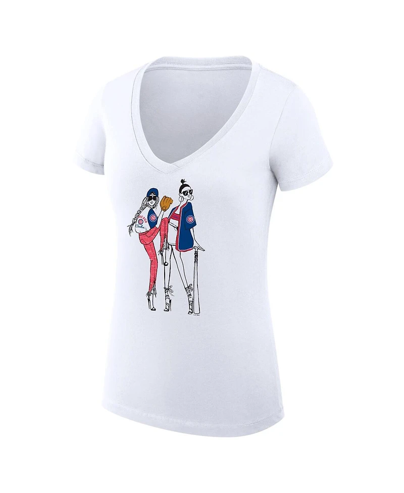 G-iii 4Her by Carl Banks Women's White Chicago Cubs Super-Slim Fit Lightweight Baseball V-Neck T-Shirt