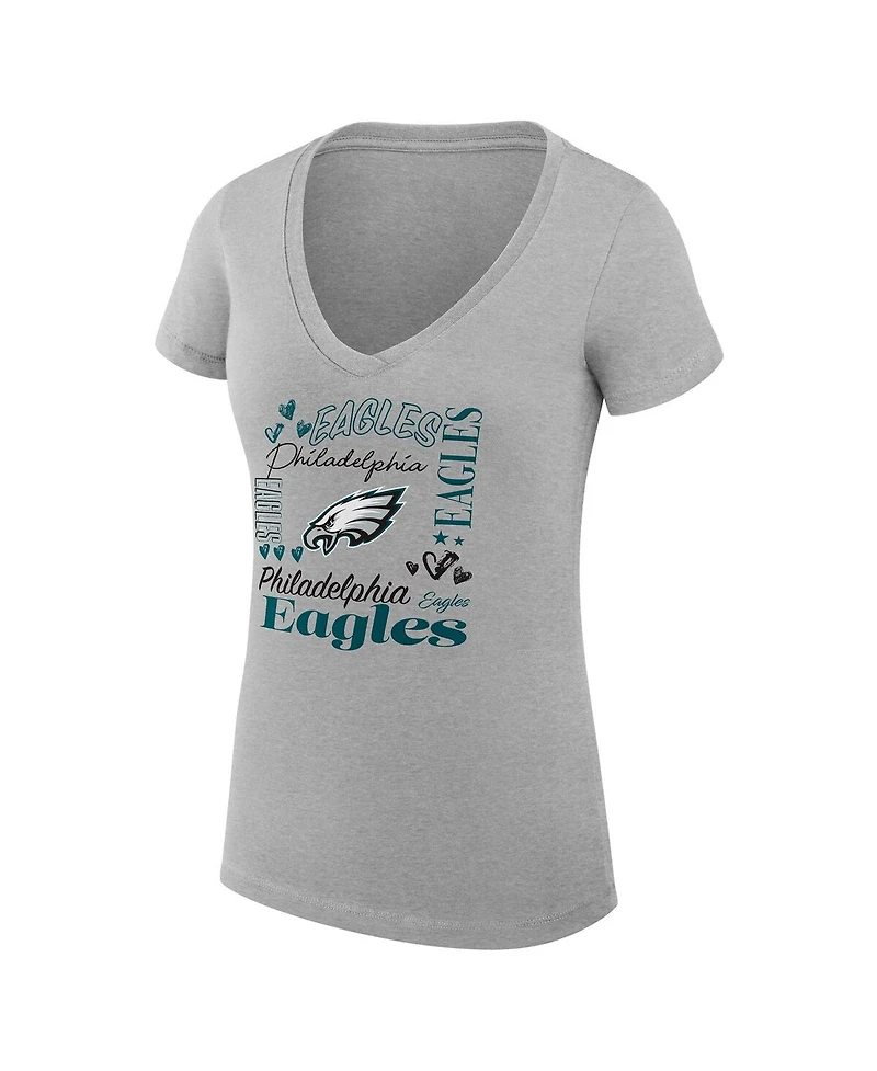G-iii 4Her by Carl Banks Women's Heather Gray Philadelphia Eagles Super-Slim Fit Lightweight Collage Team V-Neck T-Shirt