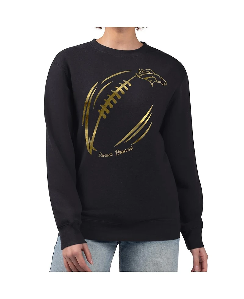 G-iii 4Her by Carl Banks Women's Black Denver Broncos Metallic Print Football Sketch Fleece Crewneck Sweatshirt