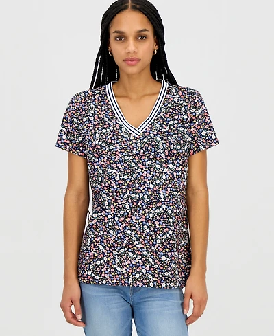 Nautica Women's Floral-Print Tipped T-Shirt