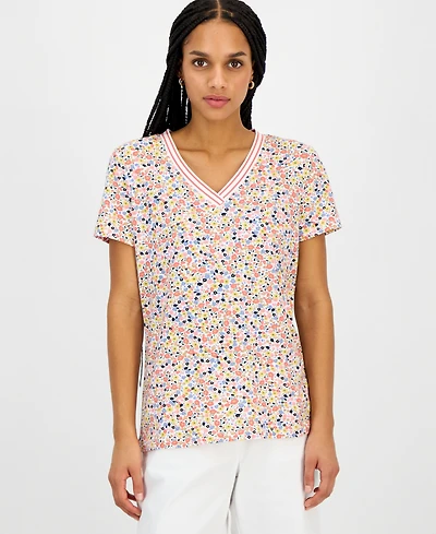 Nautica Women's Floral-Print Tipped T-Shirt