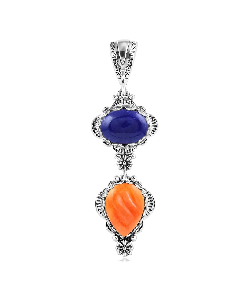 American West Jewelry Sterling Silver Pear and Oval Lapis and Orange Spiny Oyster Linear Pendant Enhancer