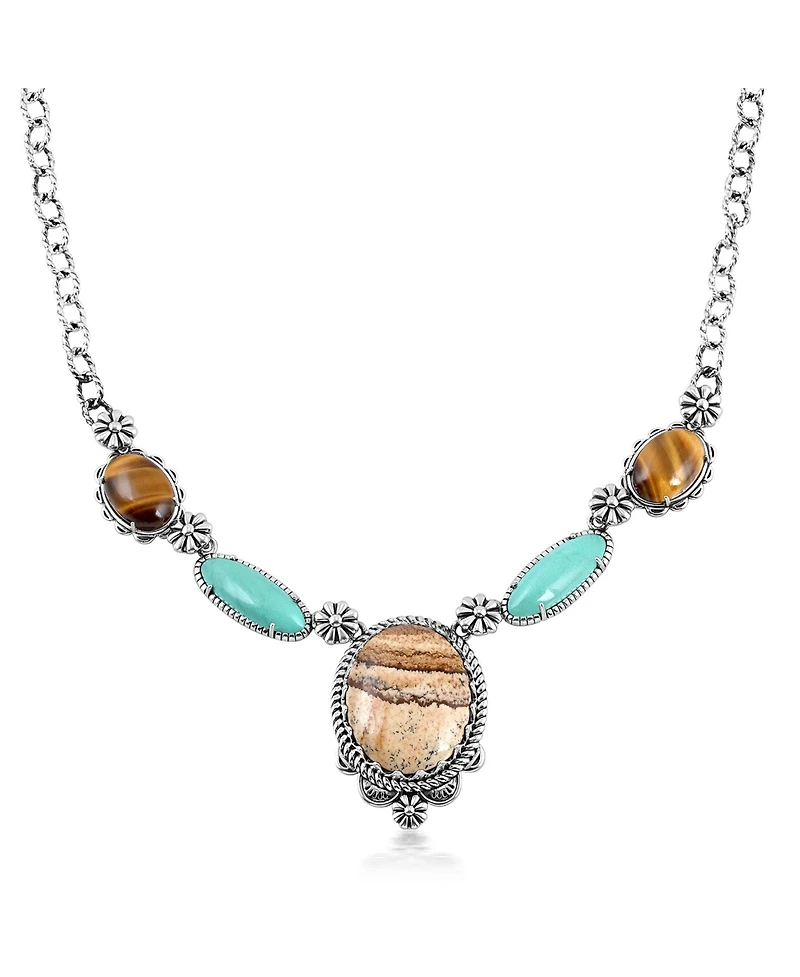 American West Jewelry Sterling Silver Picture Jasper, Green Turquoise and Tiger's Eye Concha Station Necklace, 17 to 20 Inches