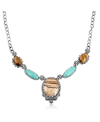 American West Jewelry Sterling Silver Picture Jasper, Green Turquoise and Tiger's Eye Concha Station Necklace, 17 to 20 Inches