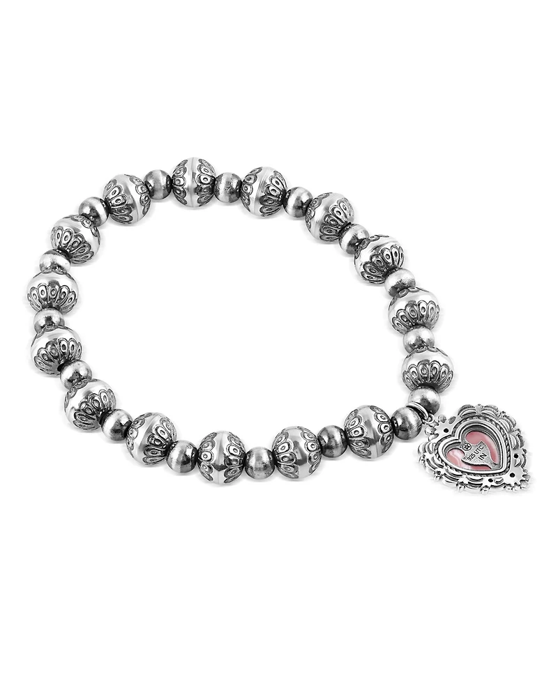American West Jewelry Sterling Silver Rhodochrosite Heart Charm Bead Bracelet, Sizes Medium to Large