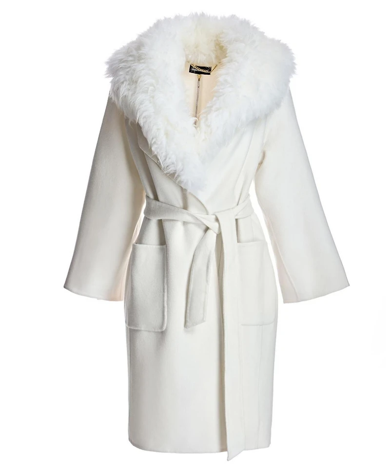 Julia & Stella by Maximilian Women's Wool Blend Belted Trim Coat