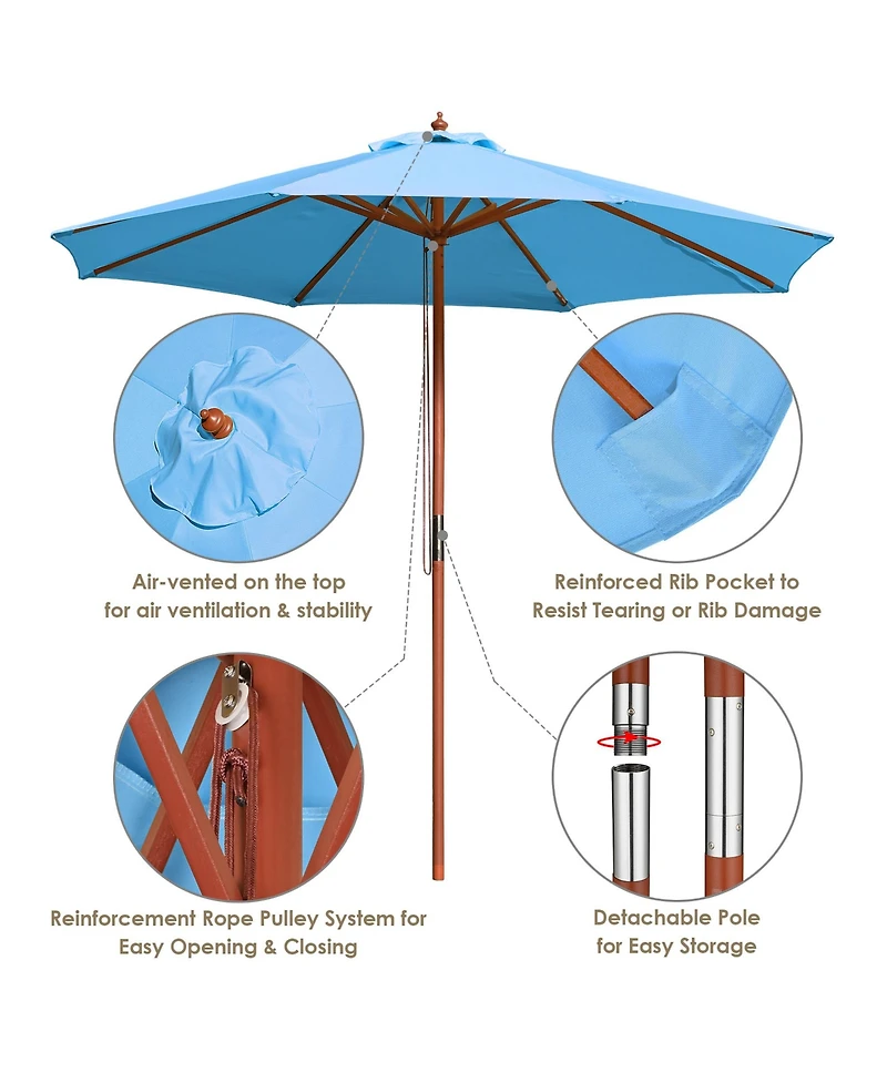 Yescom 9ft Solid Wood Outdoor Patio Umbrella with Base Included Parasol Wheels Stand for Bistro Market Garden Deck Yard Poolside