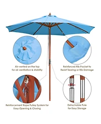 Yescom 9ft Solid Wood Outdoor Patio Umbrella with Base Included Parasol Wheels Stand for Bistro Market Garden Deck Yard Poolside