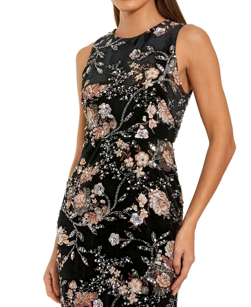 Mac Duggal Women's Embroidered Velvet High Neck Sleeveless Midi Dress