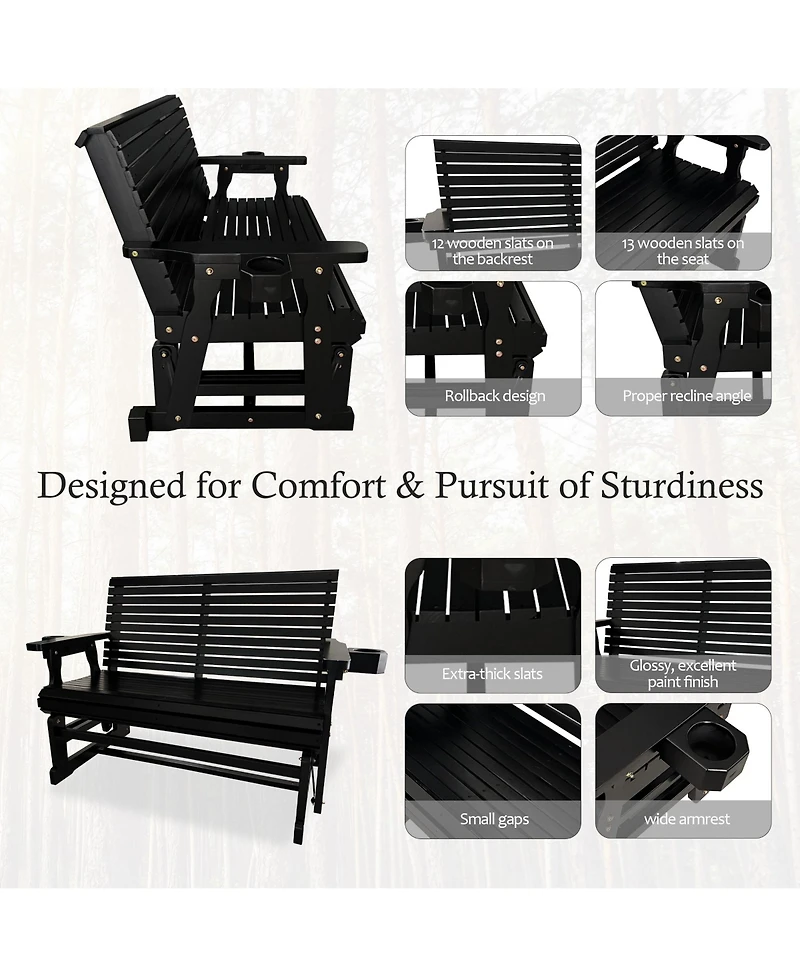 Mega Casa Patio Glider with Cup Holders, High Roll Back and Deep Contoured Seat,Heavy Duty 800 Lb (Black, 2-Seater)