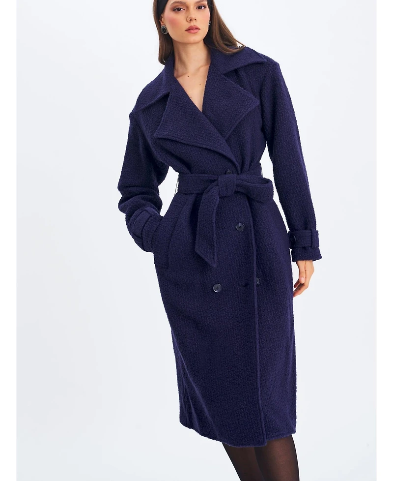 Miss Circle Women Jaelyn Midnight Blue Wool Blend Double-Breasted Belted Coat