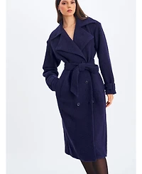 Miss Circle Women Jaelyn Midnight Blue Wool Blend Double-Breasted Belted Coat