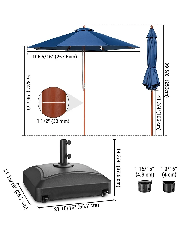 Yescom 9ft Solid Wood Outdoor Patio Umbrella with Base Included Parasol Wheels Stand for Bistro Market Garden Deck Yard Poolside Navy