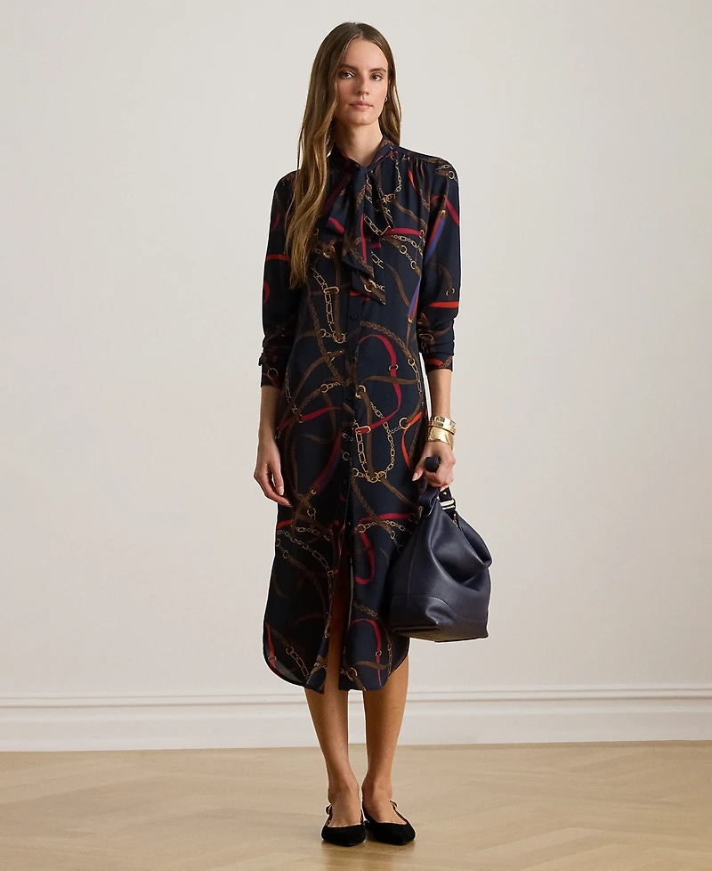 Lauren Ralph Petite Print Georgette Tie-Neck Shirtdress