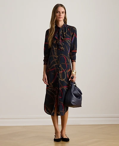 Lauren Ralph Petite Print Georgette Tie-Neck Shirtdress