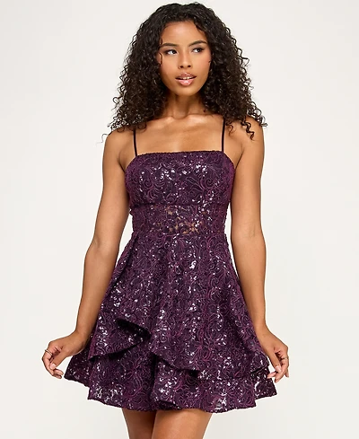 Emerald Sundae Juniors' Sequined Square-Neck Dress