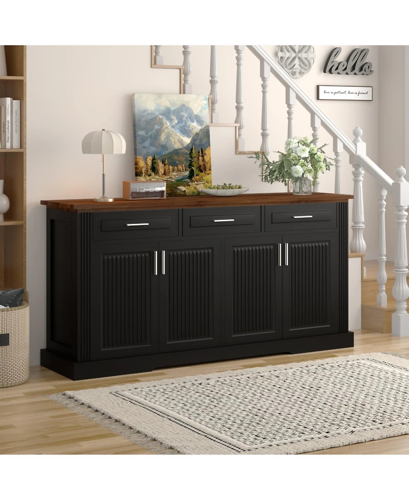 Streamdale Furniture63" Fluted Sideboard Buffet Cabinet, Farmhouse Coffee Bar, Black