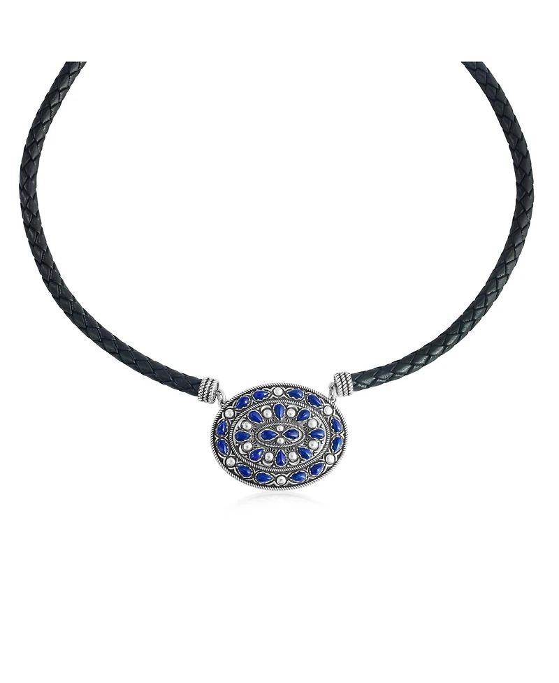 American West Jewelry Sterling Silver Lapis Oval Pendant Black Leather Necklace, 17 to 20 Inches
