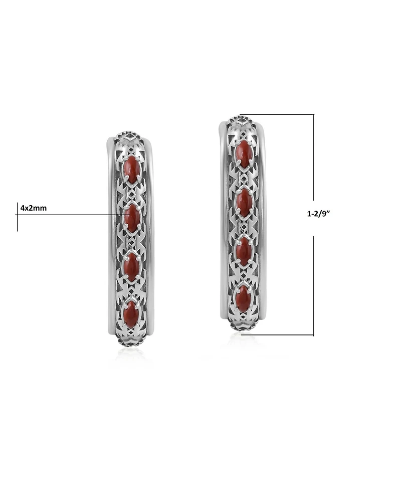American West Jewelry Sterling Silver Red Jasper Patterned J-Hoop 1 Inch Earrings