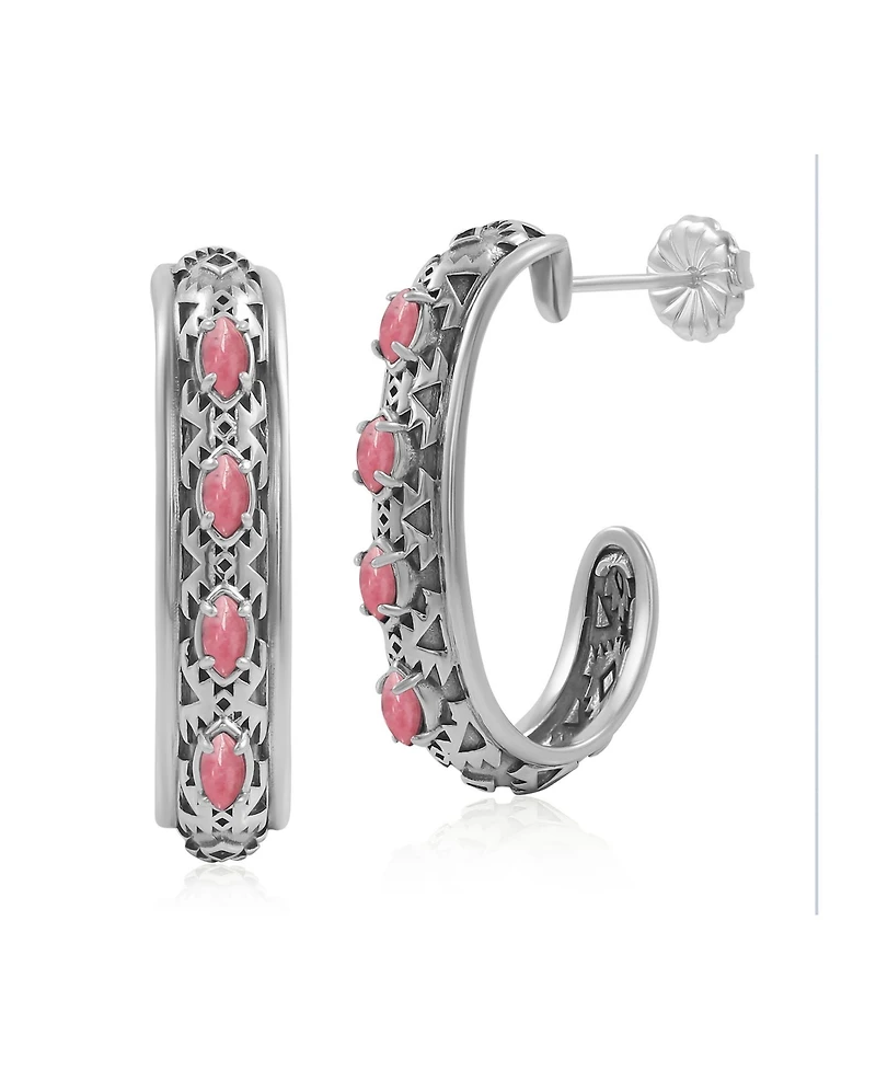 American West Jewelry Sterling Silver Rhodonite Patterned J-Hoop 1 Inch Earrings