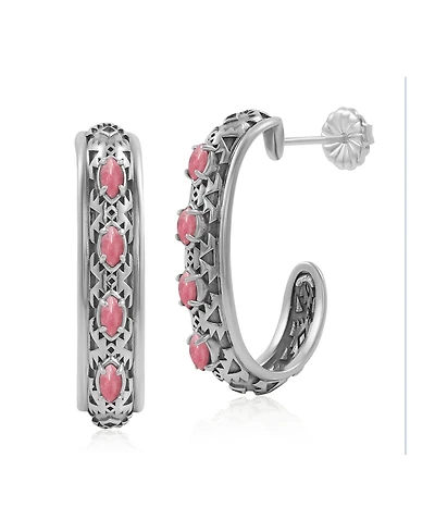 American West Jewelry Sterling Silver Rhodonite Patterned J-Hoop 1 Inch Earrings