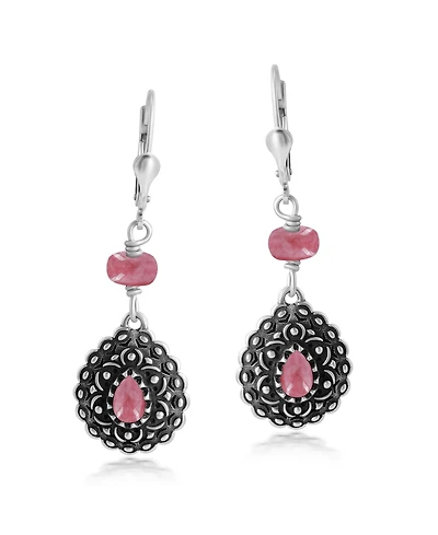 American West Jewelry Sterling Silver Rhodonite Pear-Shaped Concha Lever Back Earrings