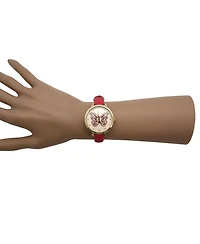 Olivia PrattHot Pink Thin Faux Leather Butterfly Face Women Watch