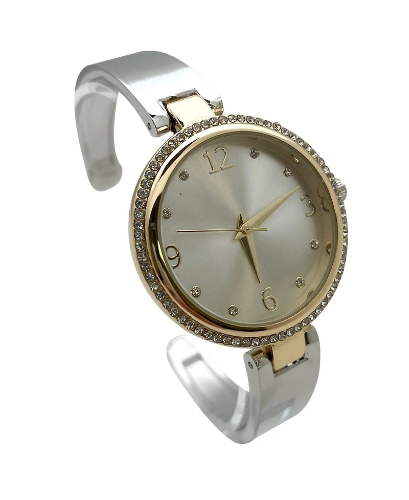 Olivia Pratt Two Tone Round Face Rhinestone Bezel Soft Bangle Women Watch