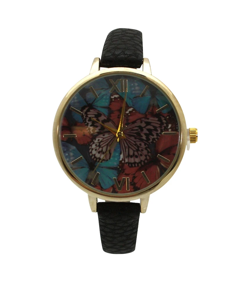 Olivia Pratt Black Faux Leather Butterflies Dial Women Watch