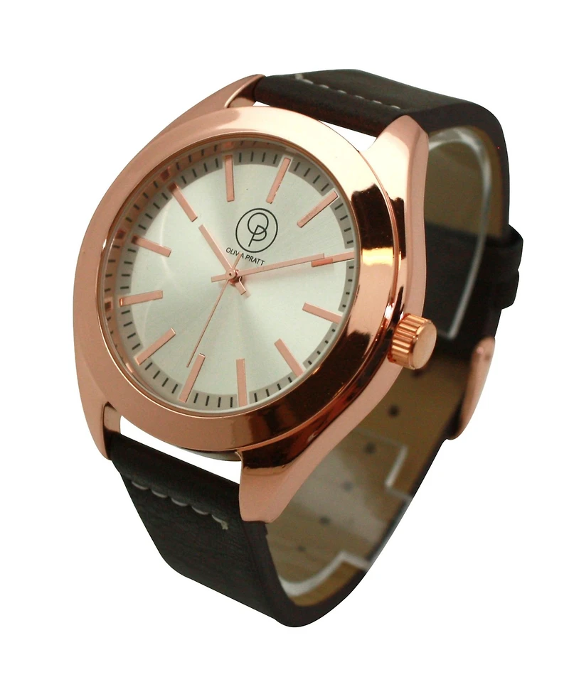 Olivia Pratt Dark Brown Rose Gold Minimalist Faux Leather Band Men Watch