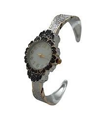 Olivia Pratt Two Tone Elegant Flower Detailed Face Bangle Women Watch