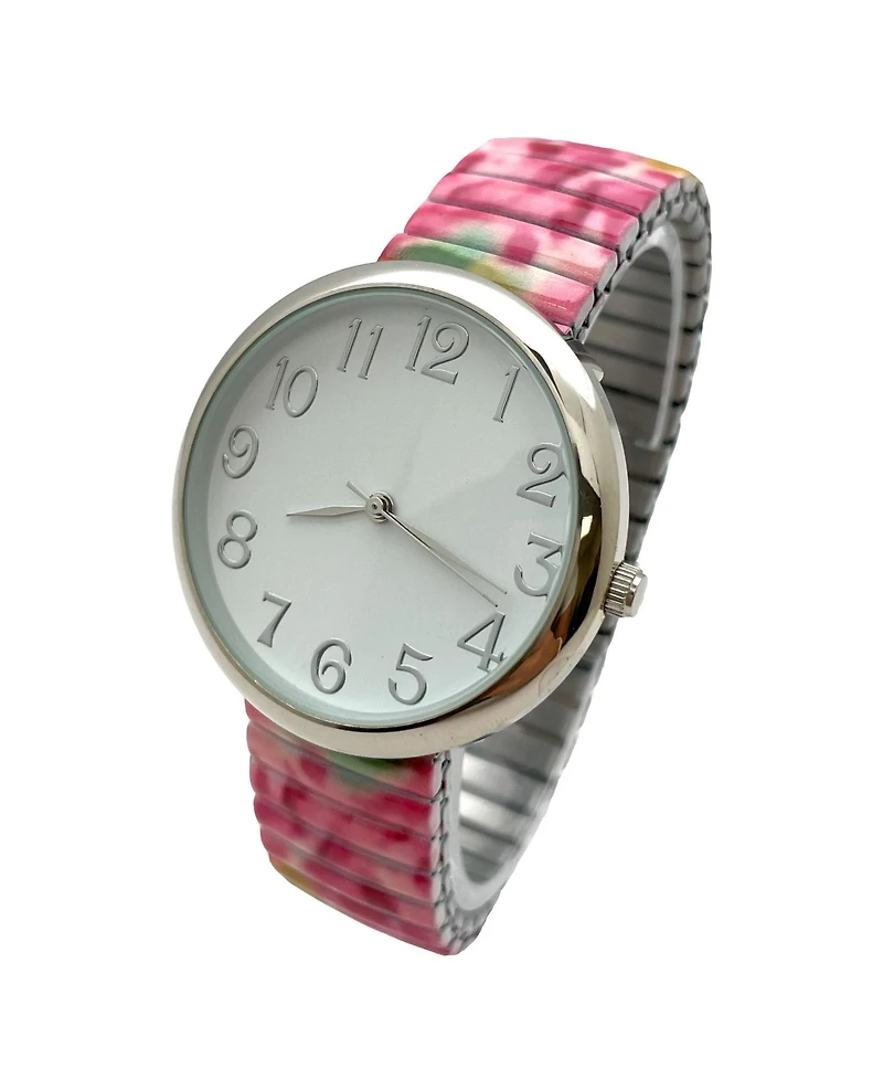 Olivia Pratt Bright Pink Big Dial Easy Reader Watch Printed Elastic Stretch Band Wristwatch Women Watch