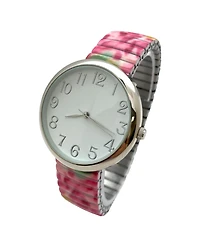 Olivia Pratt Bright Pink Big Dial Easy Reader Watch Printed Elastic Stretch Band Wristwatch Women Watch