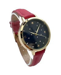 Olivia Pratt Stars and Rhinestones Faux Leather Women Watch, Hot Pink