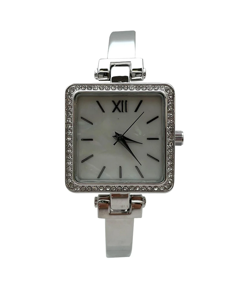 Olivia Pratt Silver Square Face Thin Rhinestone Bezel Bangle Women Watch